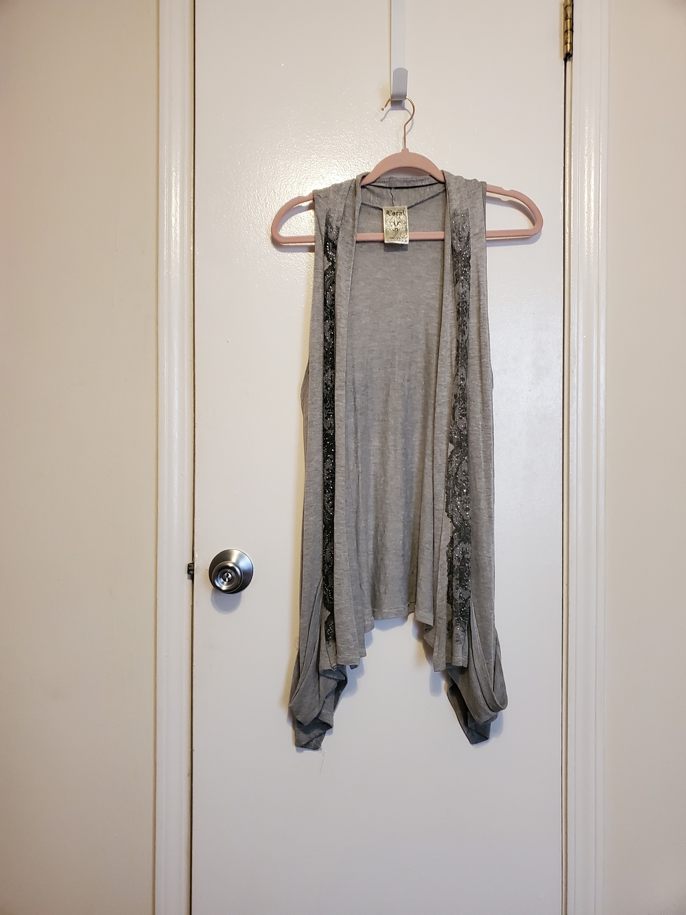 Vocal Light Gray Open-Front Draped Vest with Lace Panels
